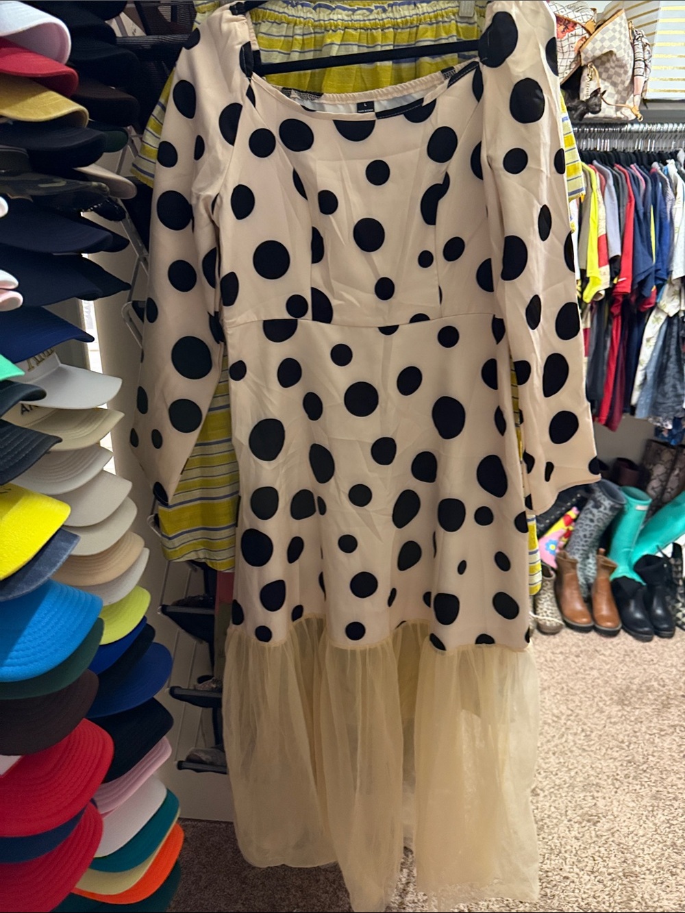 Shein Black Polka Dot Cream Tulle Hem Dress
